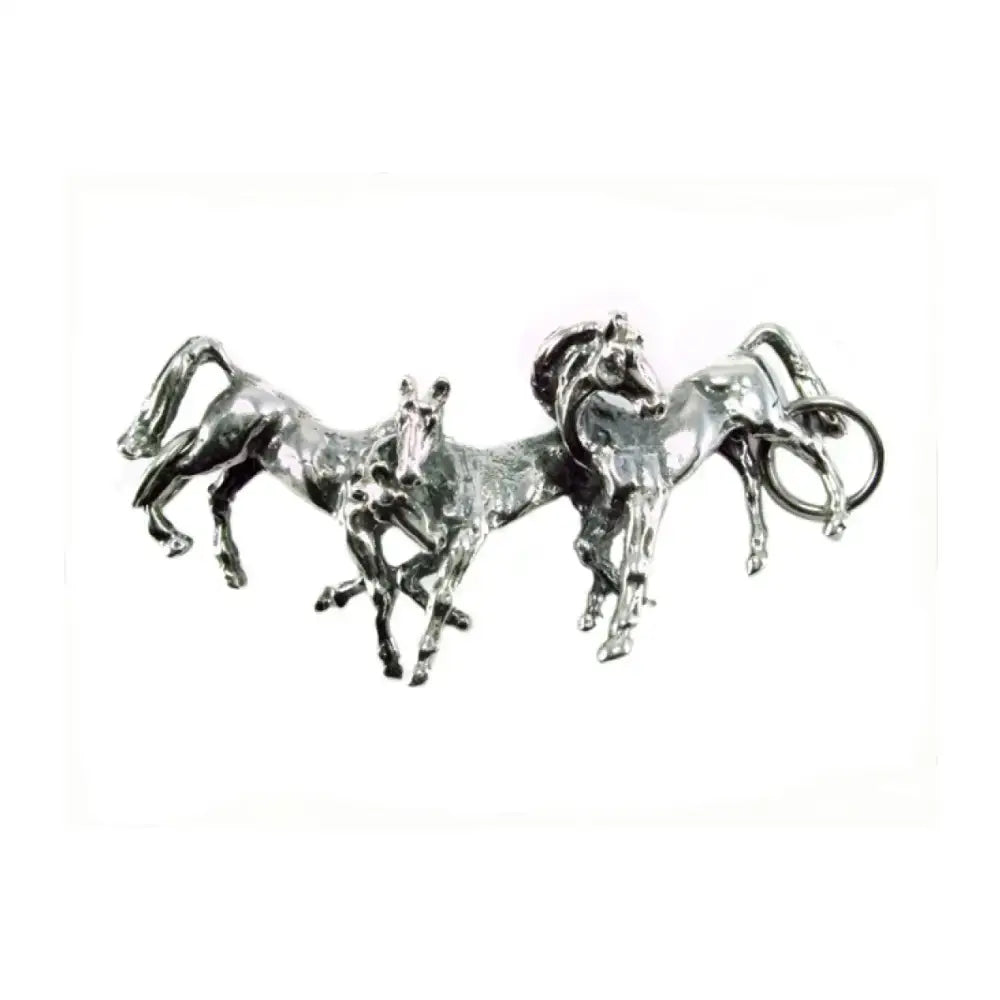 Silver steed herd necklace silver metallic keychain with three detailed horses in dynamic motion and lead horse pulling ring