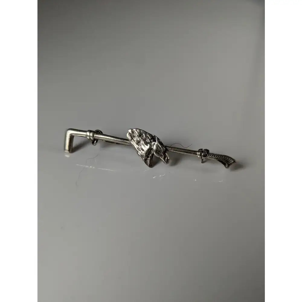 Silver steed horse silver metal cane brooch shaped like rifle with detailed textured wooden stock for stock tie pin