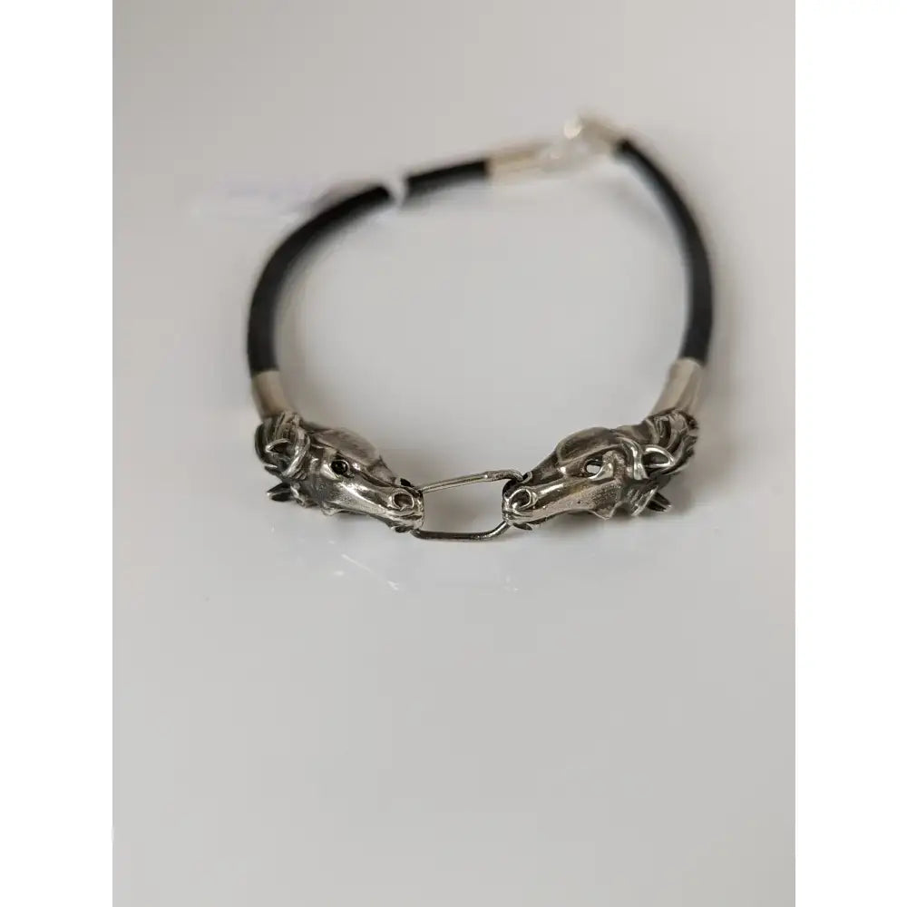 Silver steed horse head link bracelet with silver horse head charm on black leather cord and metallic clasp