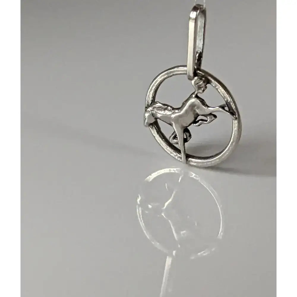 Silver steed horse pendant in silver with a circular frame and loop for easy wearing