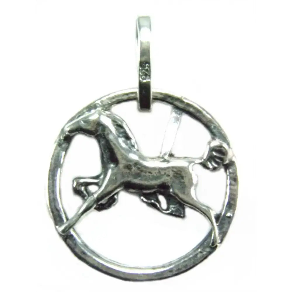 Silver steed horse silver pendant with detailed engraving and circular frame in polished silver design
