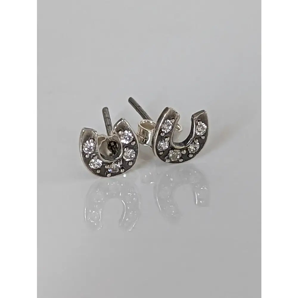 Silver steed horse shoe zirconia stud earrings featuring silver horseshoe-shaped studs with clear crystals