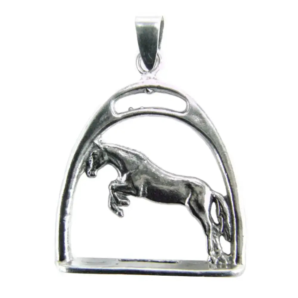 Silver steed horse stirrup silver pendant with detailed jumping horse silhouette on a high polished chain