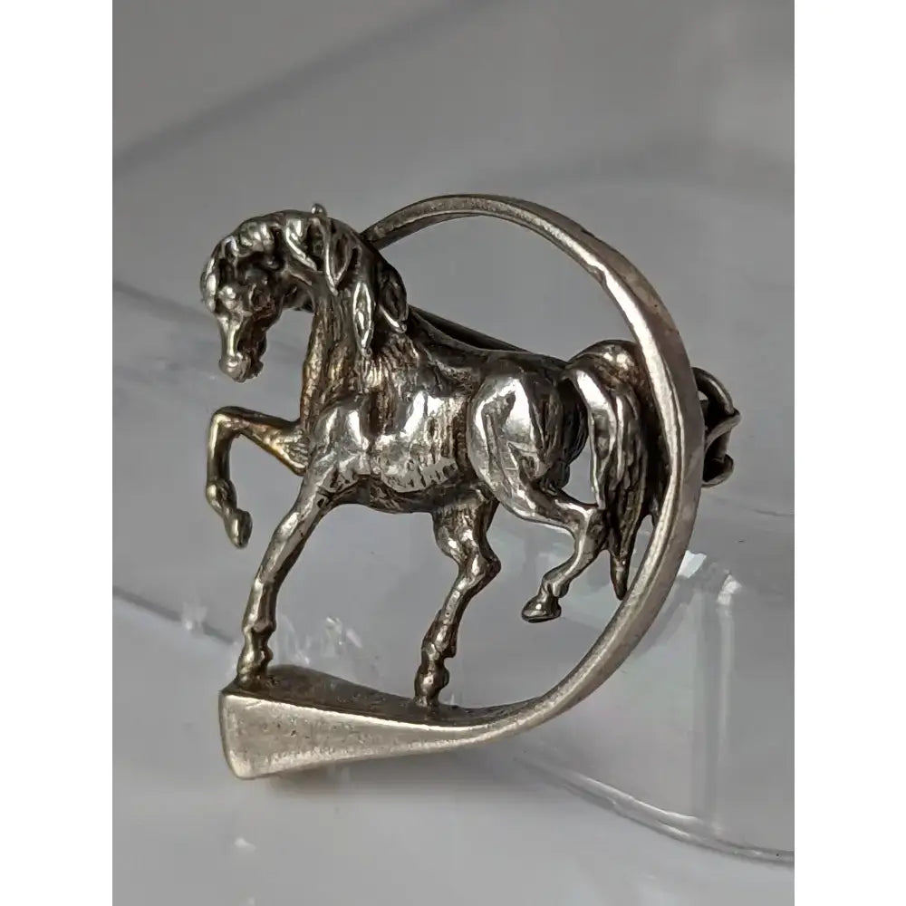 Silver steed horse hoofnail silver brooch with detailed mane and tail in open circular frame for equestrian stock tie