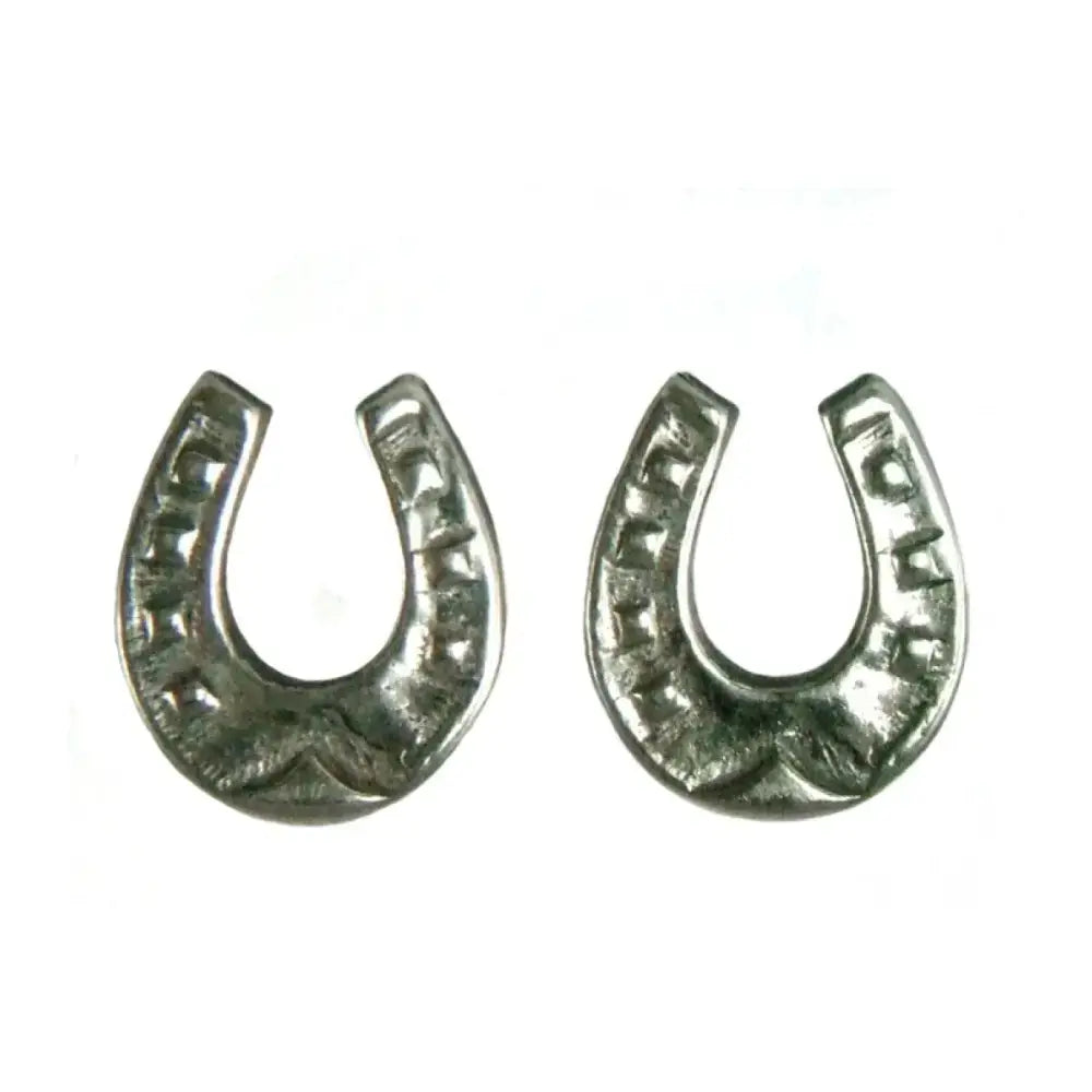 Silver steed horseshoe silver stud earrings with textured slightly worn metallic finish in horseshoe shape