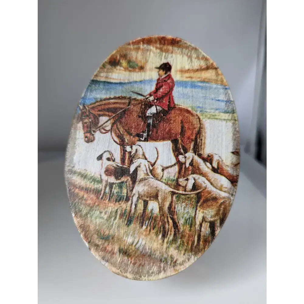 Oval ceramic jewellery box with painted man in red on brown horse and hounds from silver steed jewellery oval boxes
