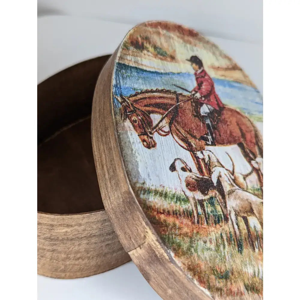 Wooden oval box from silver steed jewellery with painted rider on horseback and hounds for jewellery storage