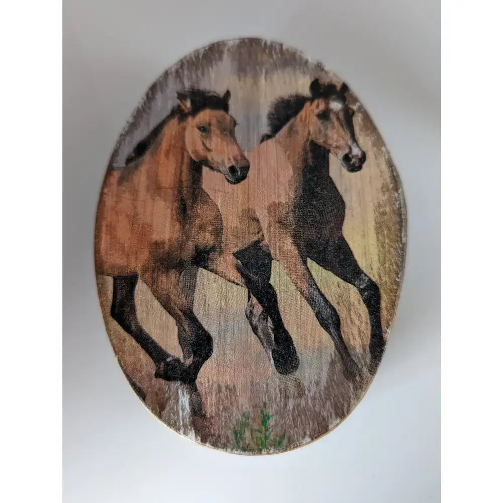Oval wooden plaque with painted brown horses in motion from silver steed jewellery oval boxes collection