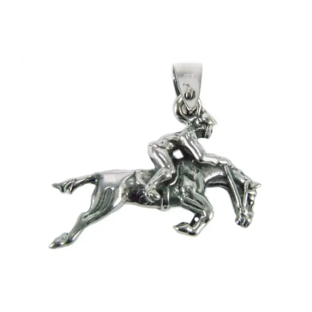 Silver steed jumping jockey silver pendant with a detailed rider on horseback in mid-jump crafted from polished metal