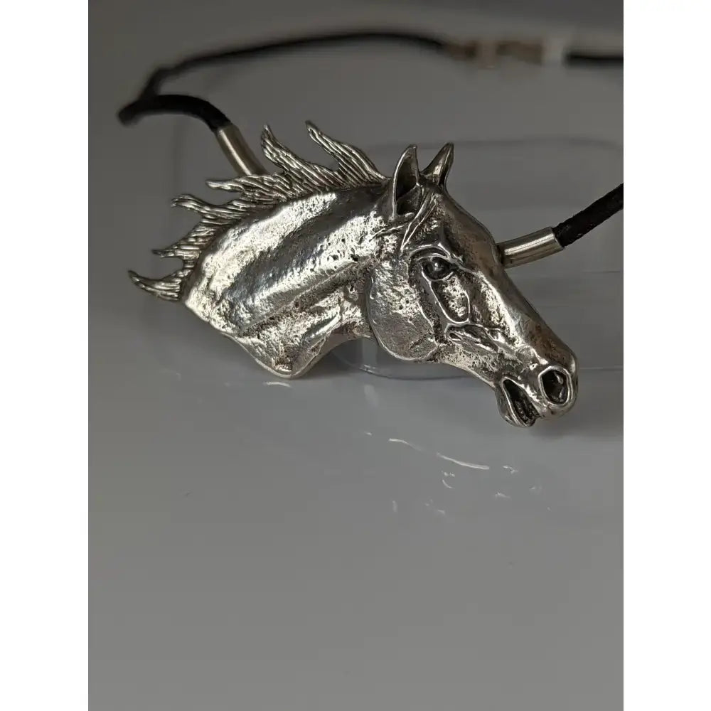 Silver steed large horse head pendant with detailed mane and expressive eyes on black leather cord necklace equestrian necklace