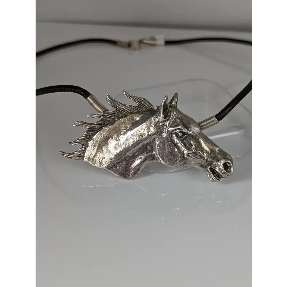Silver steed large horse head pendant on black leather cord necklace perfect equestrian necklace accessory