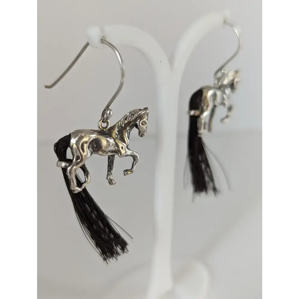Silver Steed Large Silver Horse Long Earrings with horse hair tail Earrings