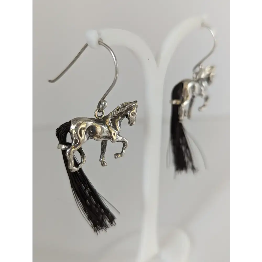 Silver Steed Large Silver Horse Long Earrings with horse hair tail Earrings