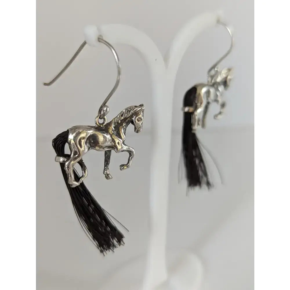 Silver steed large silver horse long earrings with black tassel horse hair tail details