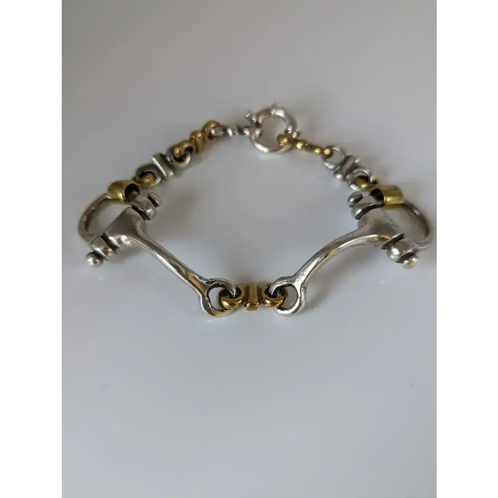Silver steed large two tone silver french link snaffle bracelet with silver and gold toned polished horsebit design