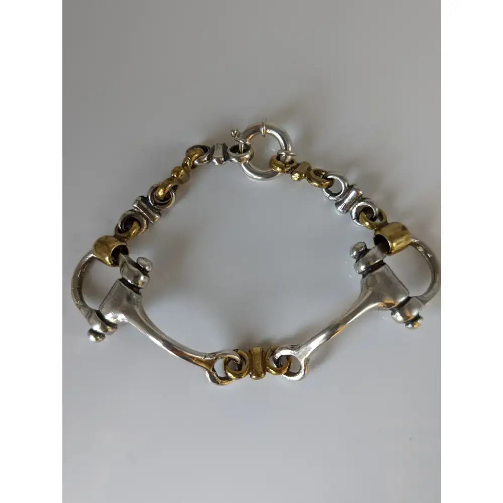 Silver steed large two tone silver french link snaffle bracelet with polished silver and gold horsebit design