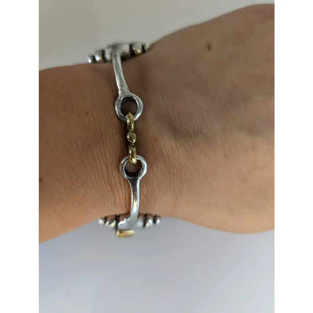 Silver steed large two tone silver french link snaffle bracelet with silver and gold toned horsebit design and sleek finish