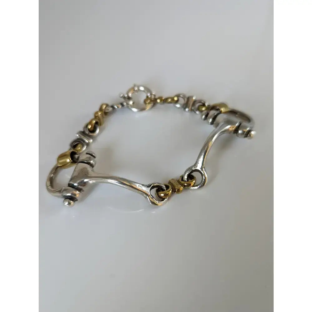 Silver steed large two tone silver french link snaffle bracelet with silver and gold toned horsebit style and polished finish