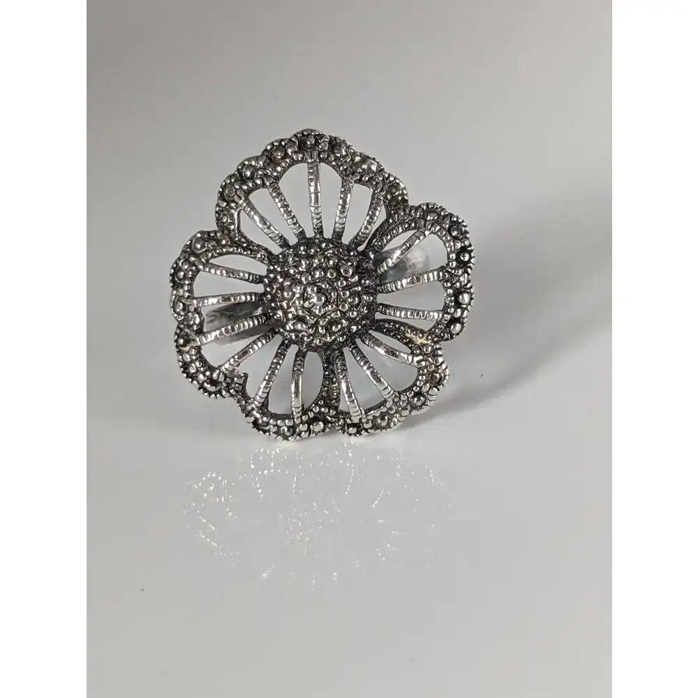 Silver steed large unique flower handmade silver ring with marcasite flower and sparkling gemstones design