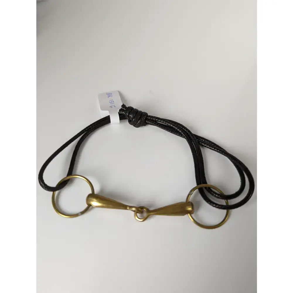 Black leather silver steed leather snaffle cord bracelet with gold rings and a brass snaffle leather bit centerpiece