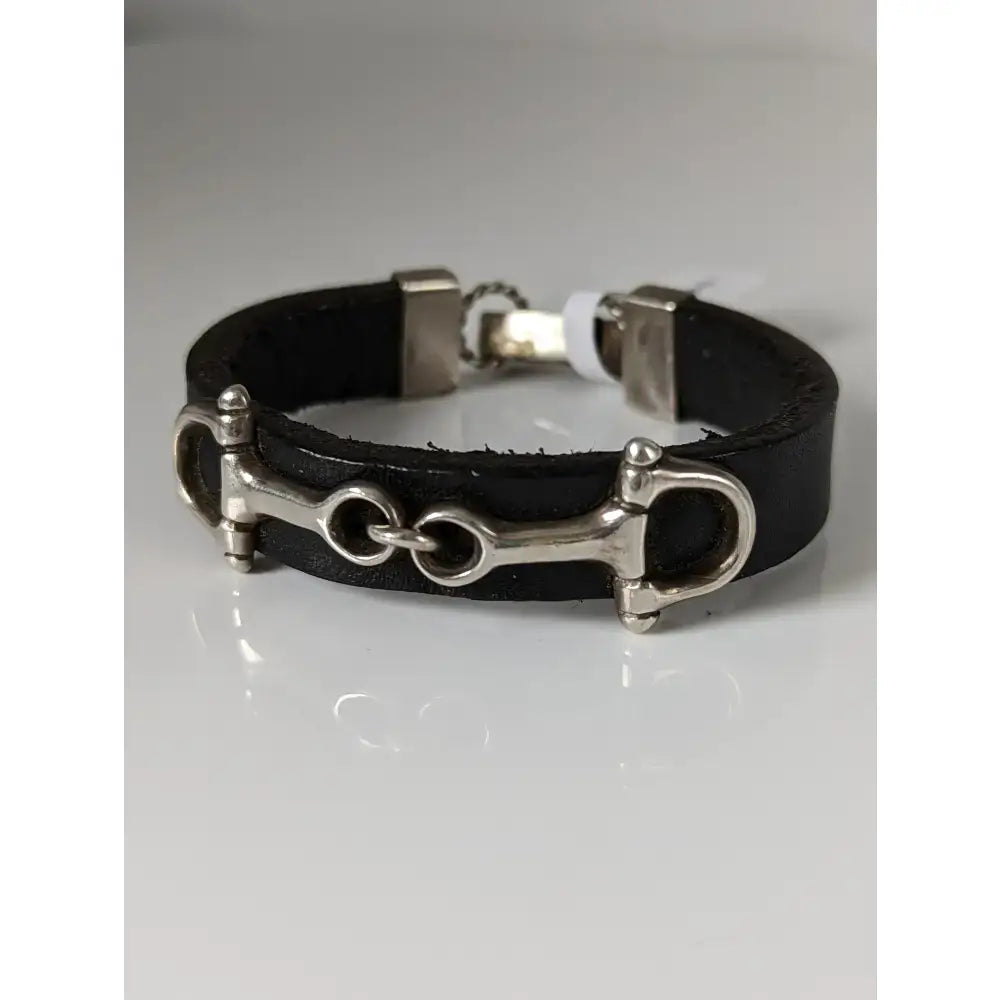 Black leather silver steed leather snaffle bracelet with silver-toned stainless steel horsebit buckle and clasp