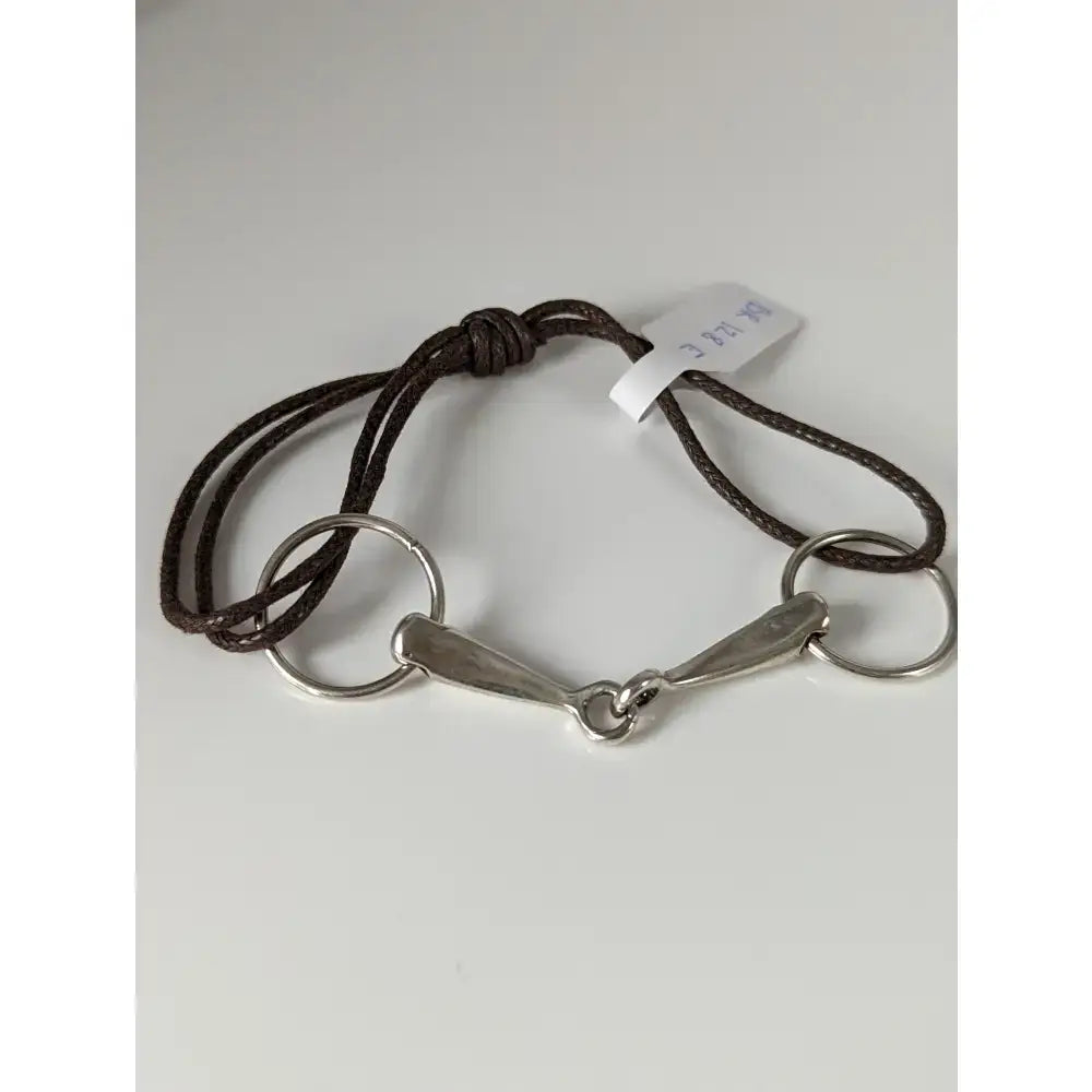 Brown leather silver steed leather silver snaffle cord bracelet with a silver-toned horsebit and two circular rings
