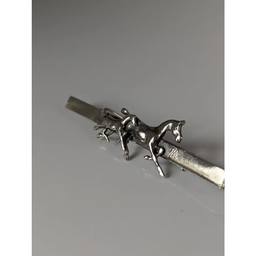 Silver metallic stock tie pin with detailed silver steed mare and foal brooch sculpture perfect for equestrian looks