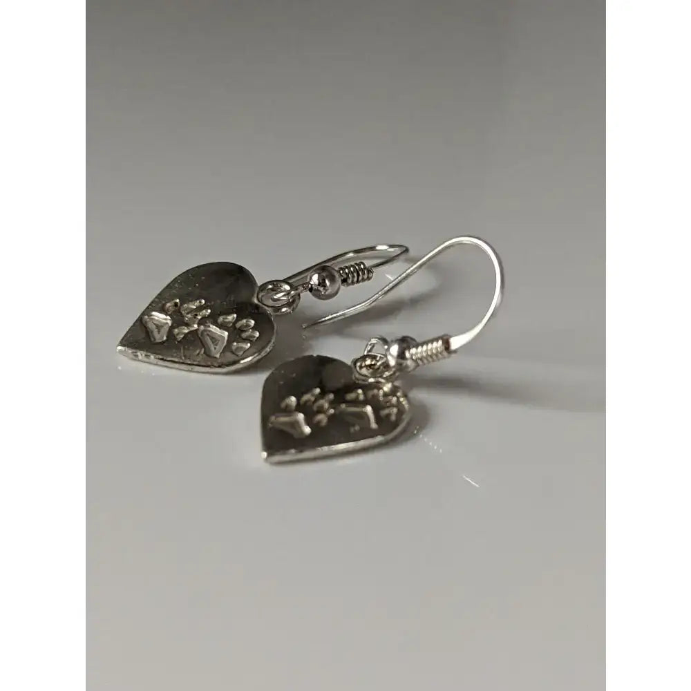 Silver steed paws silver dropped earrings heart silver shaped with engraved paw prints and twisted wire hooks