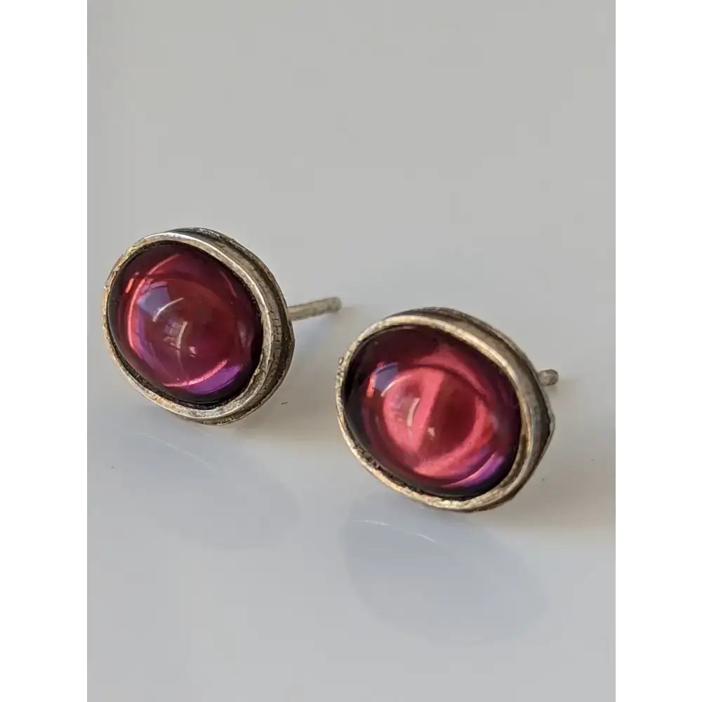 Silver steed purple ovals stud earrings with vibrant pink purple iridescent glass cabochons in handcrafted sterling silver