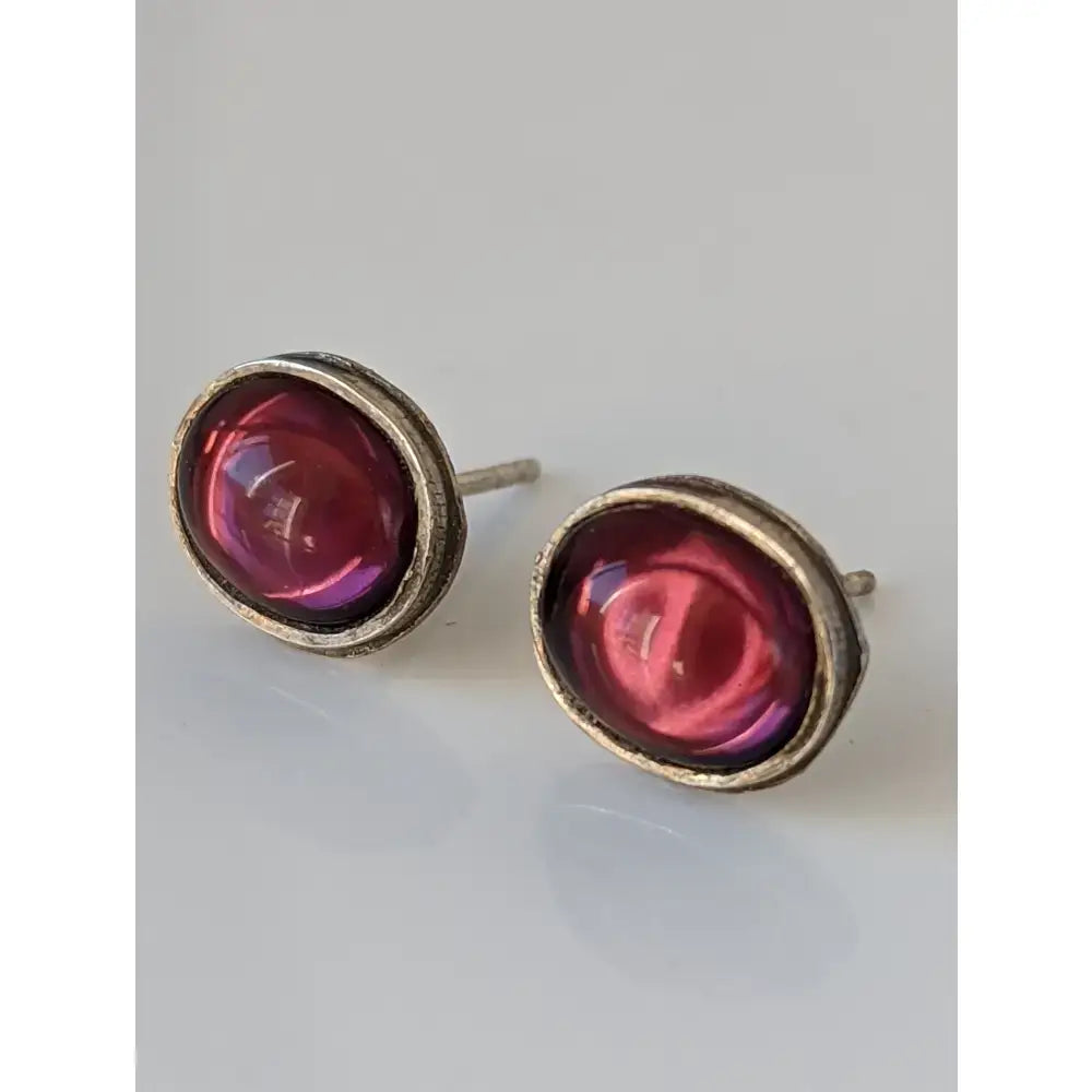 Silver steed purple handcrafted sterling silver ovals stud earrings with deep pink iridescent cabochon stones