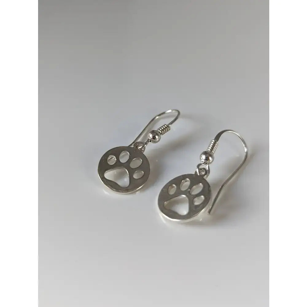 Silver steed sterling silver paw print tag dropped earrings with polished finish and delicate wire hooks
