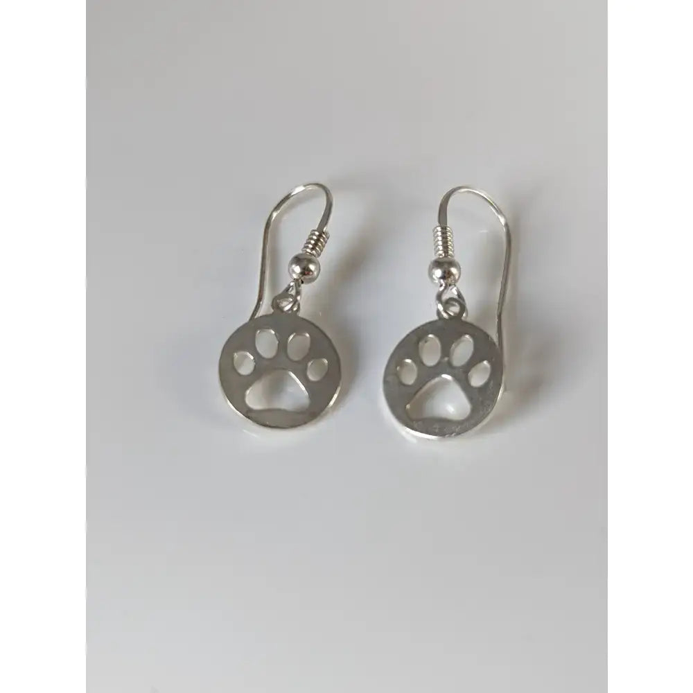Silver steed sterling silver paw print tag dropped earrings with polished finish and delicate wire hooks