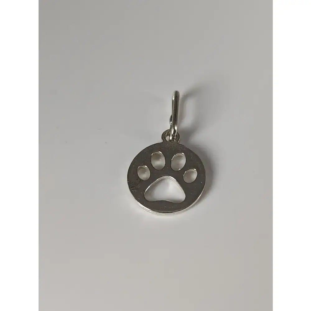 Silver steed pendant featuring a round paw print tag charm in polished silver with a small attachment loop