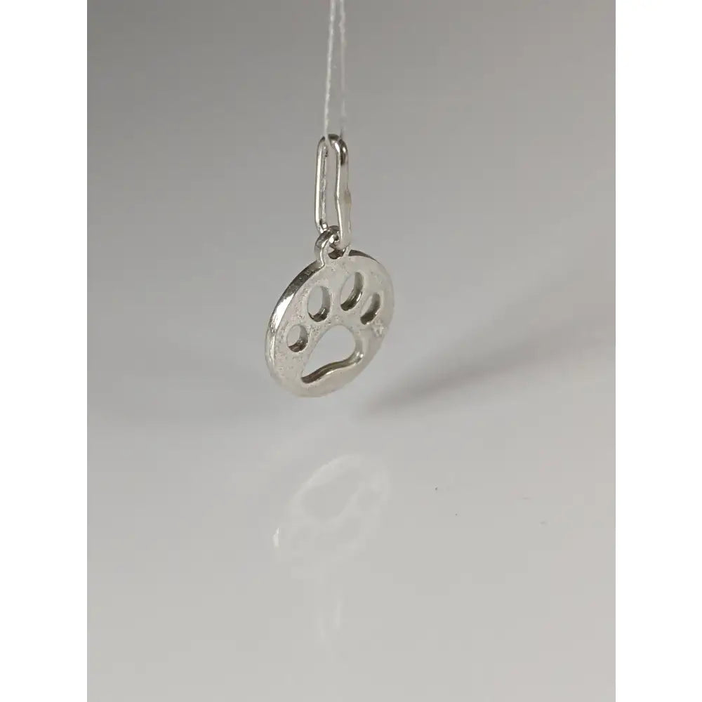 Silver steed pendant featuring a silver round paw print tag hanging from a delicate chain