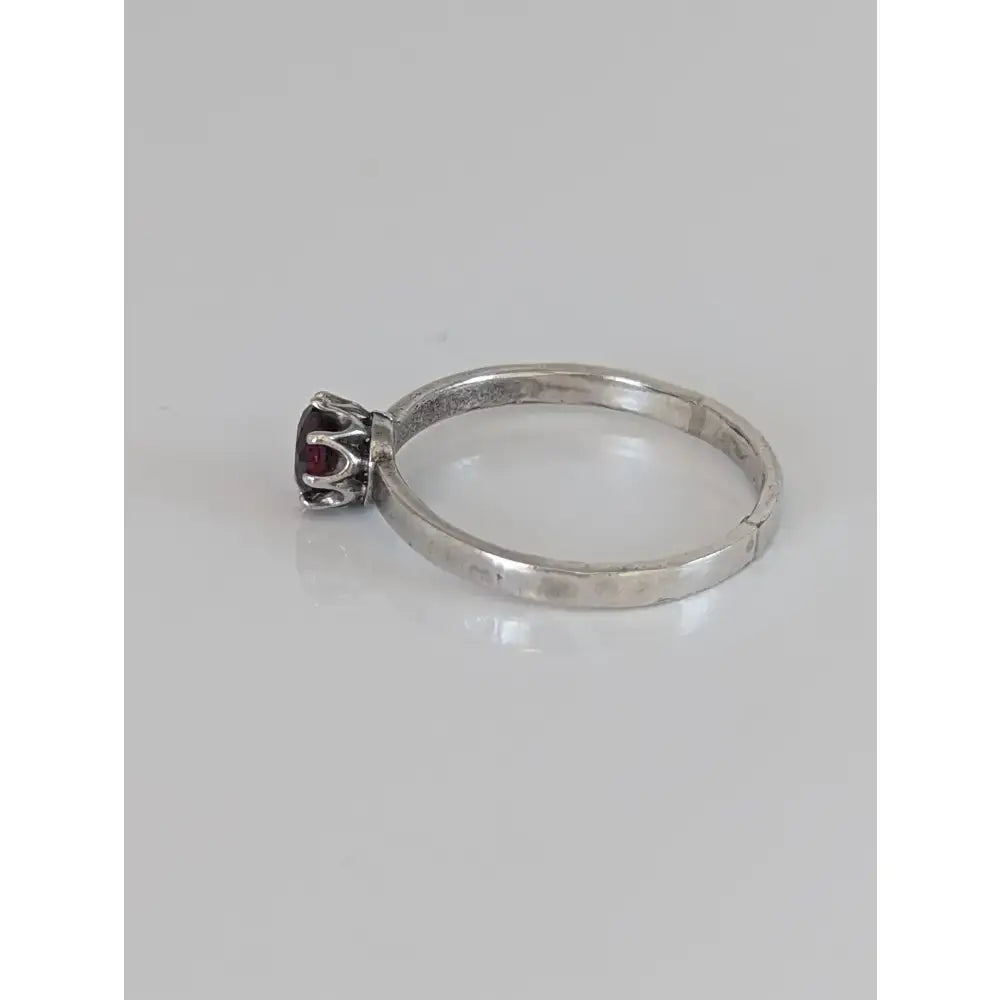 Silver steed silver ruby zirconia ring with a silver-toned textured band and a round garnet stone in an ornate setting
