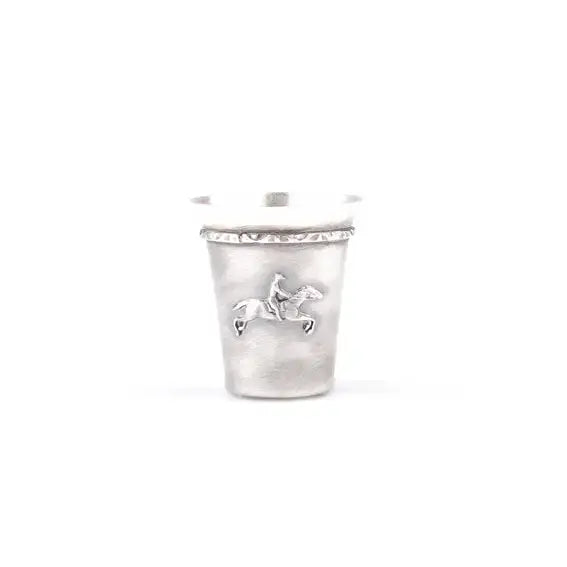 Silver steed set silver coated shot glass with detailed rider engraving and ornate textured rim in silver color
