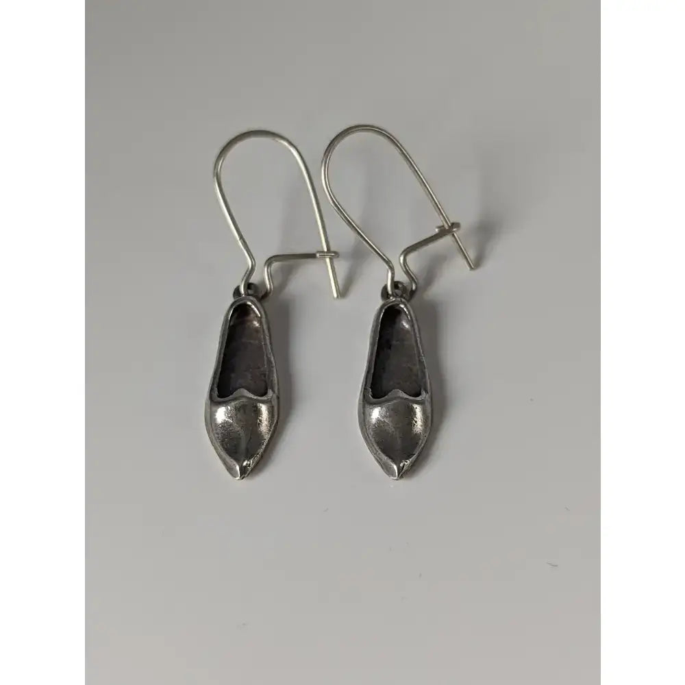 Silver steed slipper unique handmade silver dropped earrings shaped like miniature high-heeled shoes in polished silver