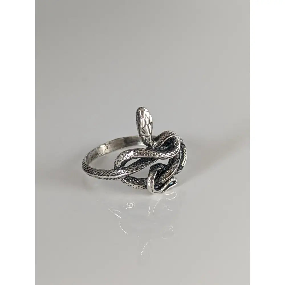Silver steed snake silver ring with intricate textured scales coiled design made of sterling silver
