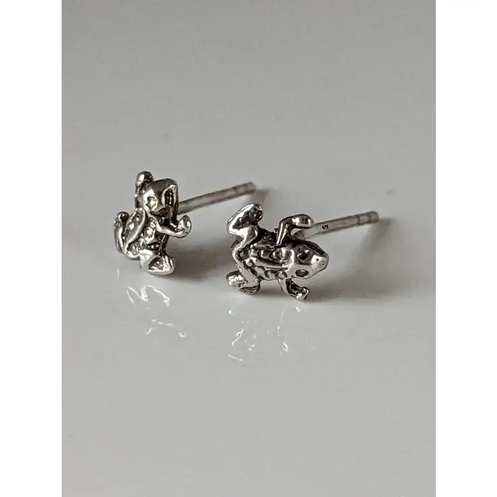 Silver steed spotted frog stud earrings with detailed frog and turtle designs in shiny silver equestrian jewelry style