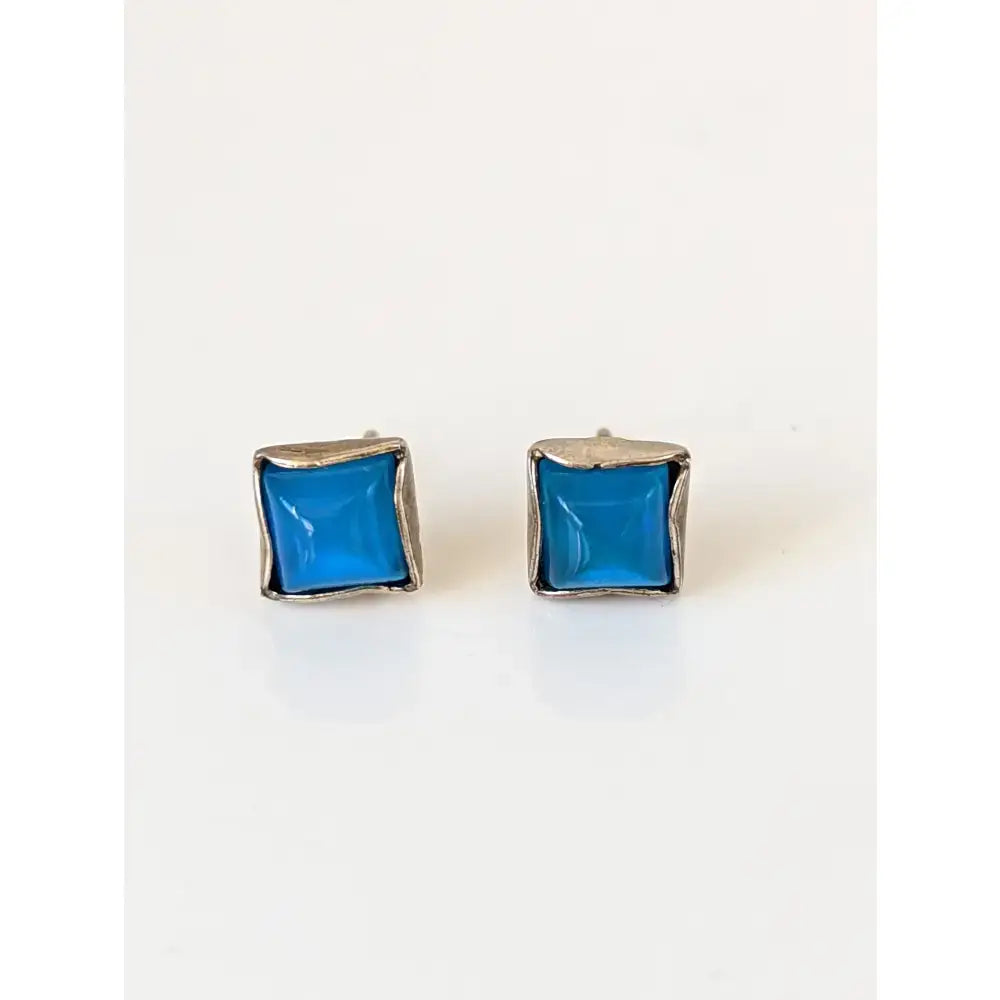 Silver steed square coloured stud earrings with blue glass and sterling silver frame for everyday wear