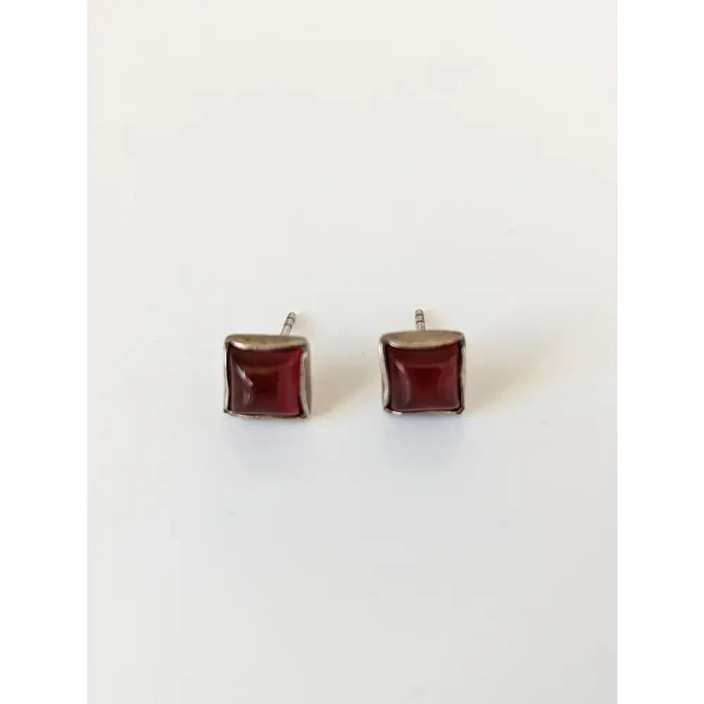 Silver steed square coloured stud earrings with deep red gemstones set in sterling silver frames