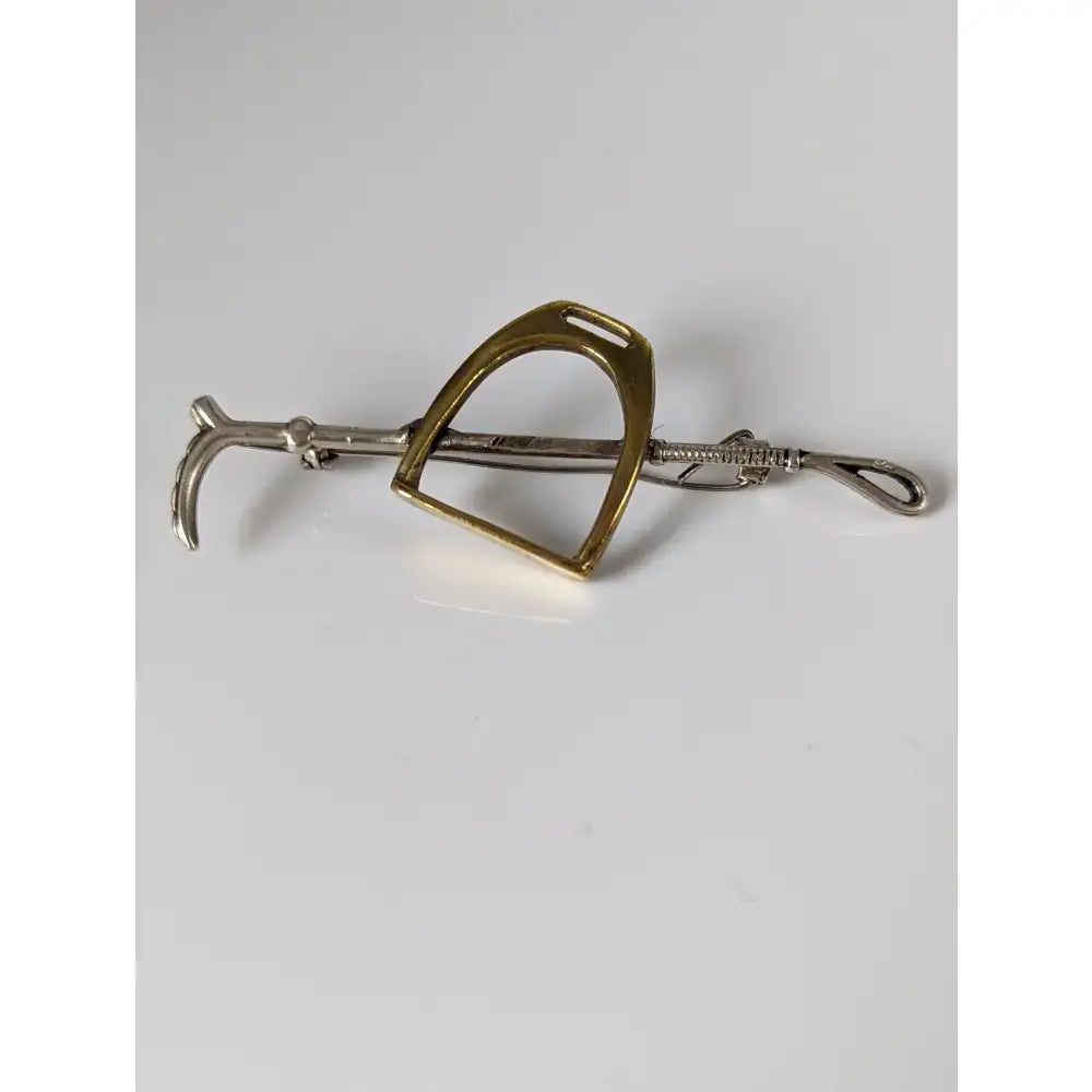 Silver steed stirrup handmade silver cane brooch with gold-toned horseshoe and silver metal clasp for stock tie pin