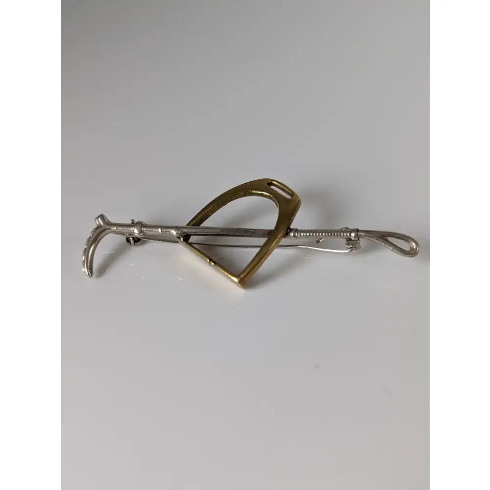 Silver steed stirrup handmade silver two-tone metal horse shoe cane brooch with gold and silver decorative elements