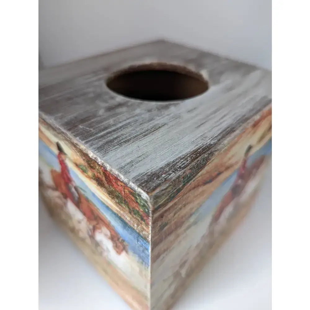 Rustic wooden silver steed tissue box with distressed gray finish and painted horse riders on all sides for home use