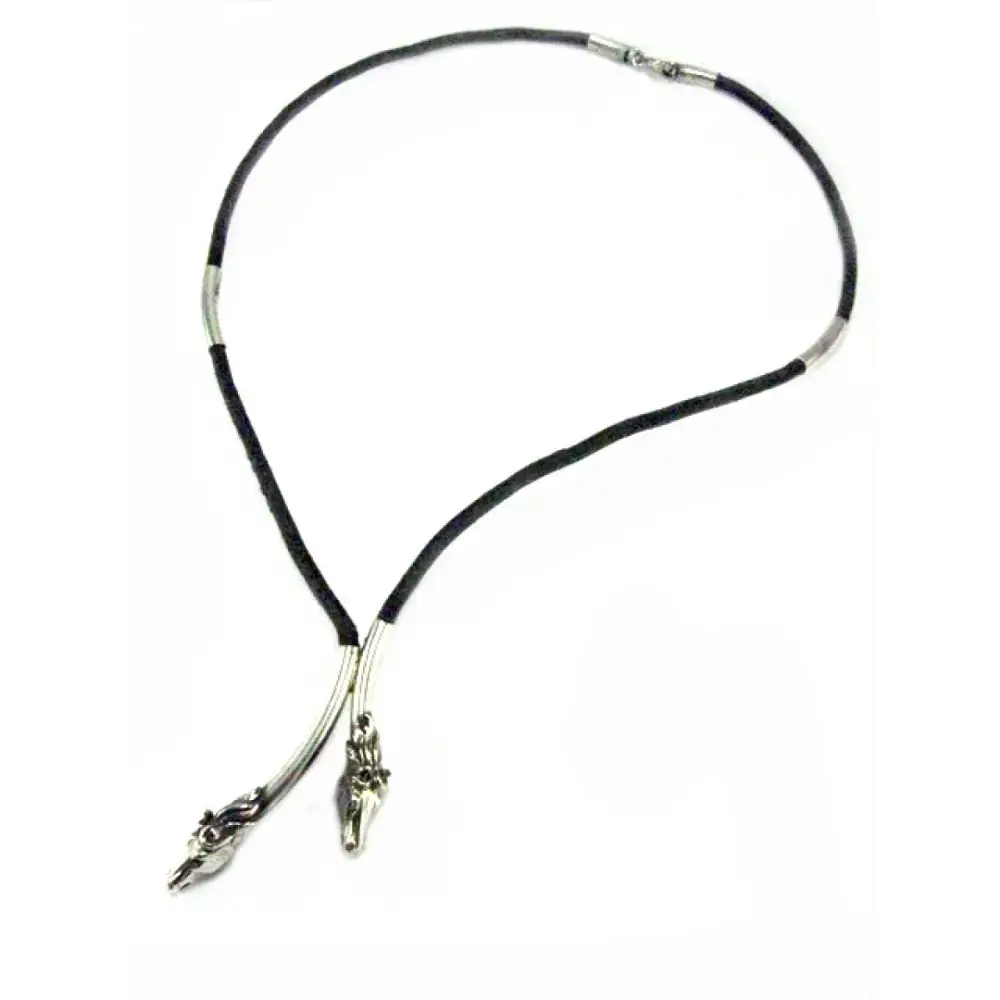 Silver Steed Two Horse Heads with Leather Cord Necklace Black Necklaces