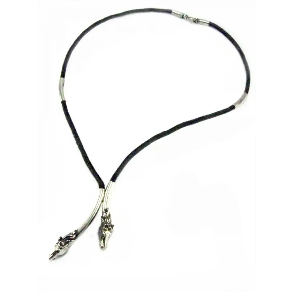 Black leather cord necklace with silver steed two horse heads pendants and metallic accents