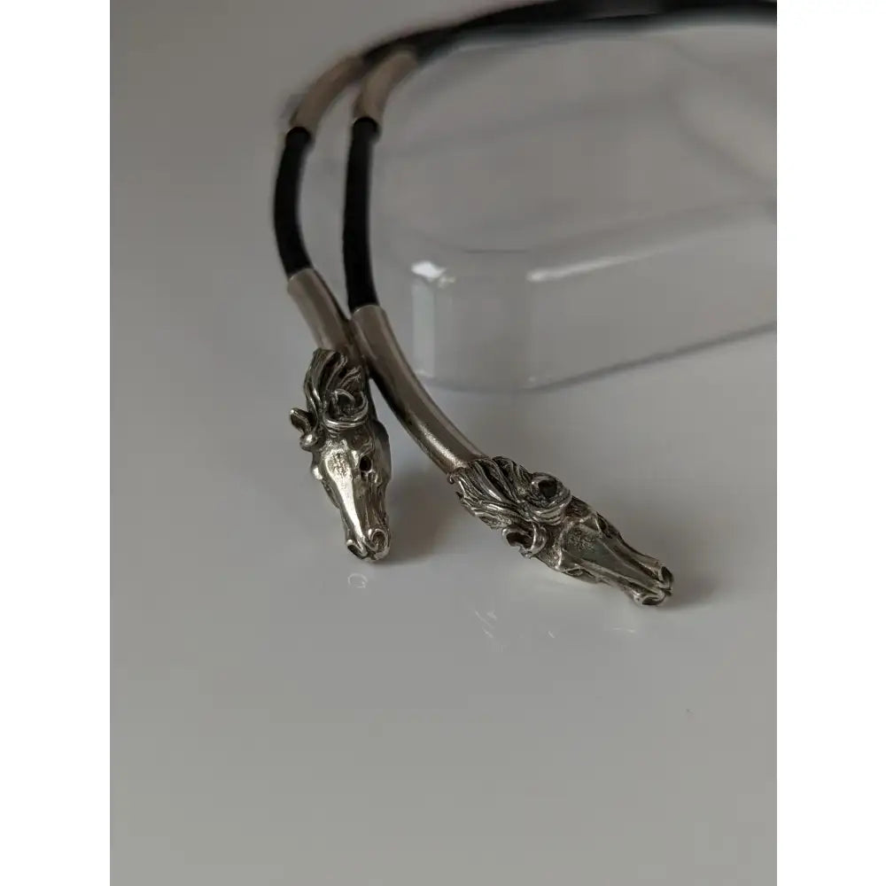 Silver steed two horse heads pendant necklace with silver horse head and black leather cord necklace