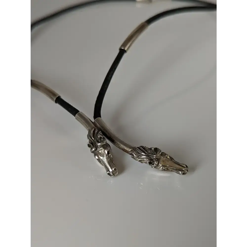 Silver Steed Two Horse Heads with Leather Cord Necklace Black Necklaces