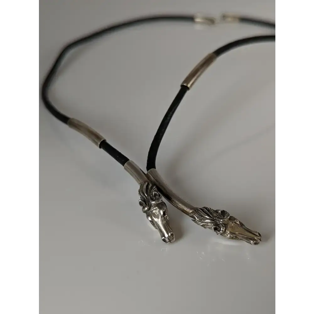 Silver Steed Two Horse Heads with Leather Cord Necklace Black Necklaces
