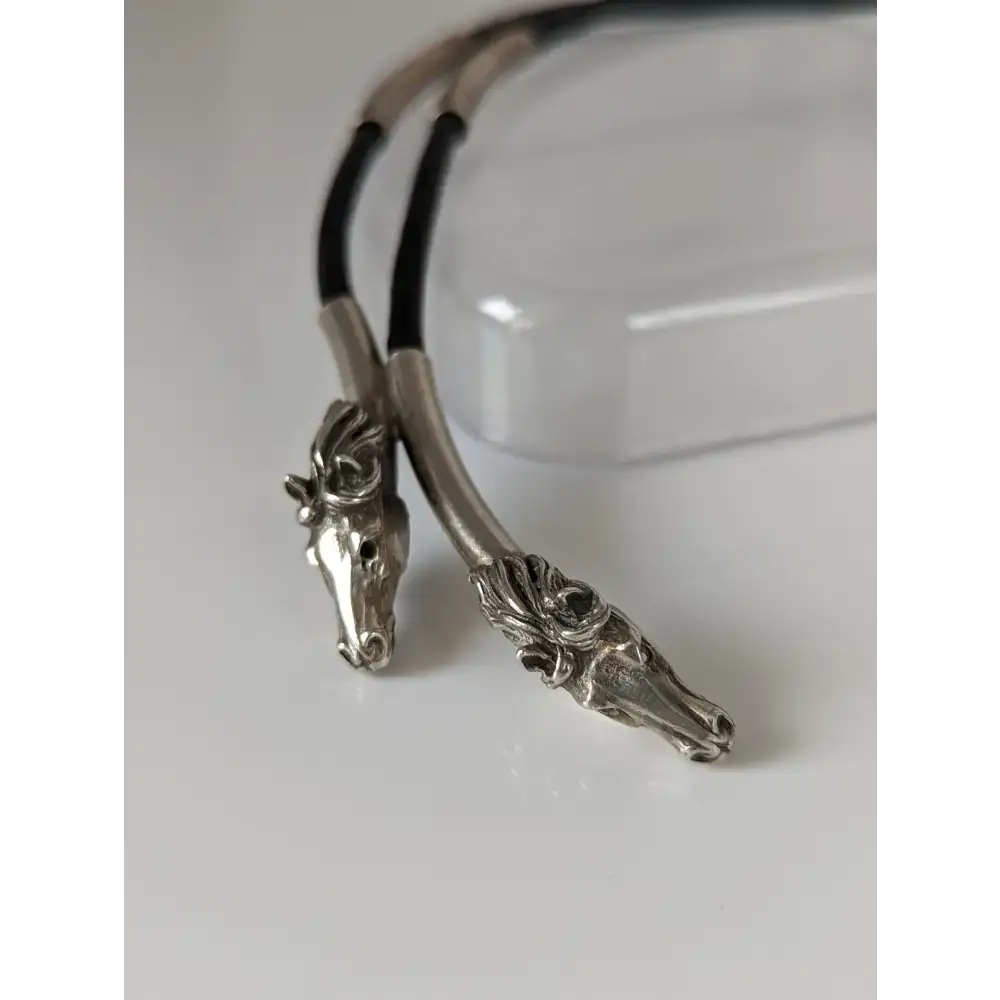 Silver Steed Two Horse Heads with Leather Cord Necklace Black Necklaces